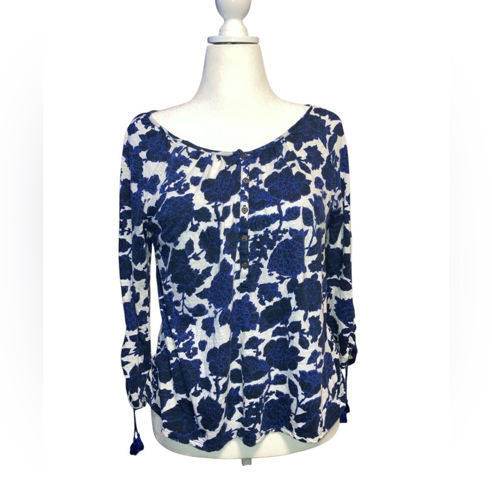 Lucky Brand Blue Roses Knit Peasant Blouse L